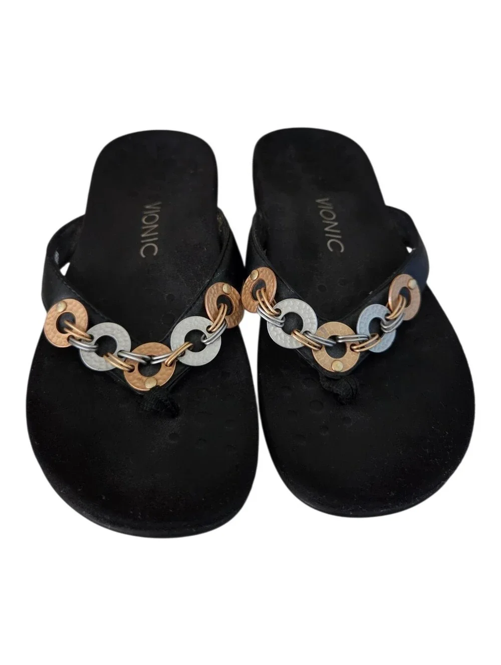 vionic womens black orthotic flip flop sandals metallic ring accent size 6
